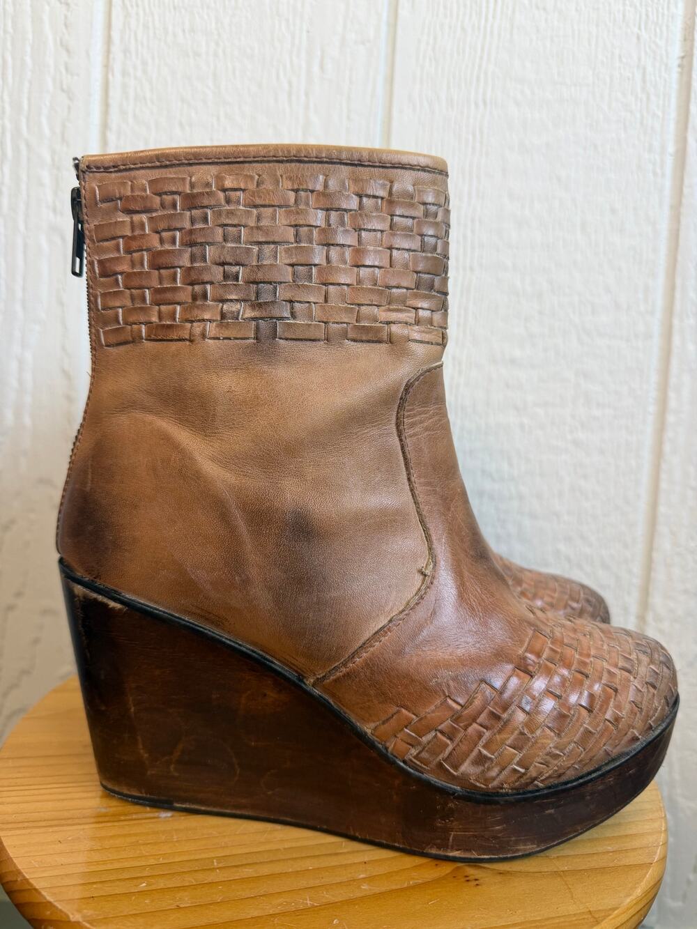 Bed Stu Woven Leather Platform Wedge Ankle Boots Cognac Brown Size 8